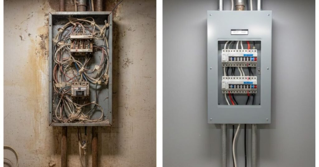 Old breaker panel replaced with modern breaker panel