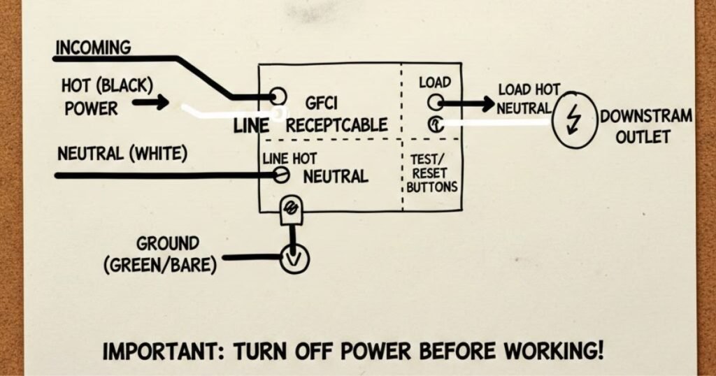 Simple wiring diagram/schematic showing line vs load on a GFCI