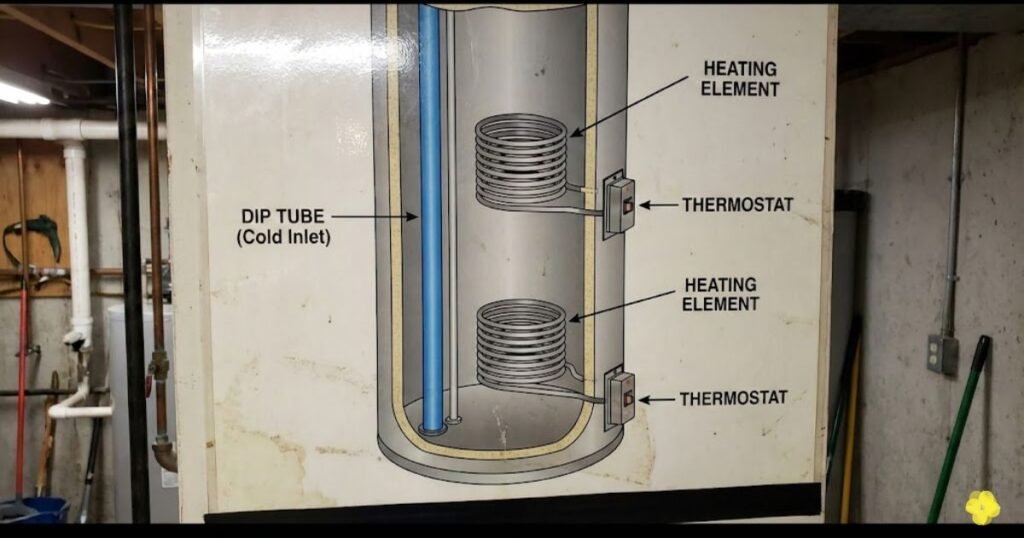 diagram of water heater components: thermostat, heating element, dip tube