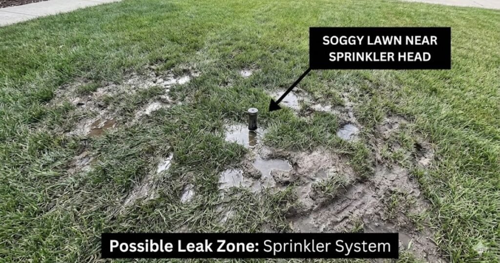 green soggy patch around sprinkler head indicating possible underground leak