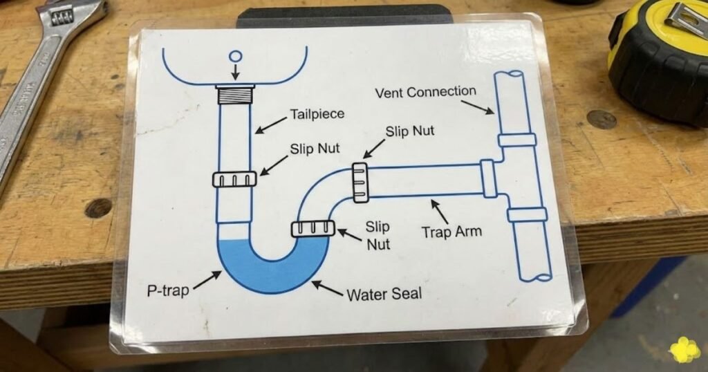 Diagram of a sink P-trap showing the water seal, trap arm, tailpiece, slip nuts, and vent connection